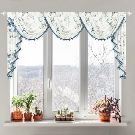 VOGOL Extra Wide Valance, Butterflies Print Waterfall Swag Drapes for Kitchen & Living Room, 79x43 Inches