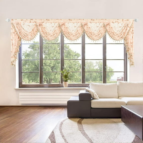 VOGOL Extra Wide Waterfall Valance 138x43 Inch - Sheer Voile Vintage Floral Print, Farmhouse Swag Valance with Beaded Trim for Bay Windows