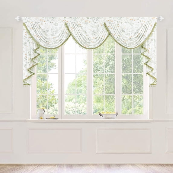 VOGOL Extra Wide Waterfall Valance 79x43 Inch - Sheer Voile Vintage Floral, Farmhouse Swag with Beaded Tassels for French Doors, Green