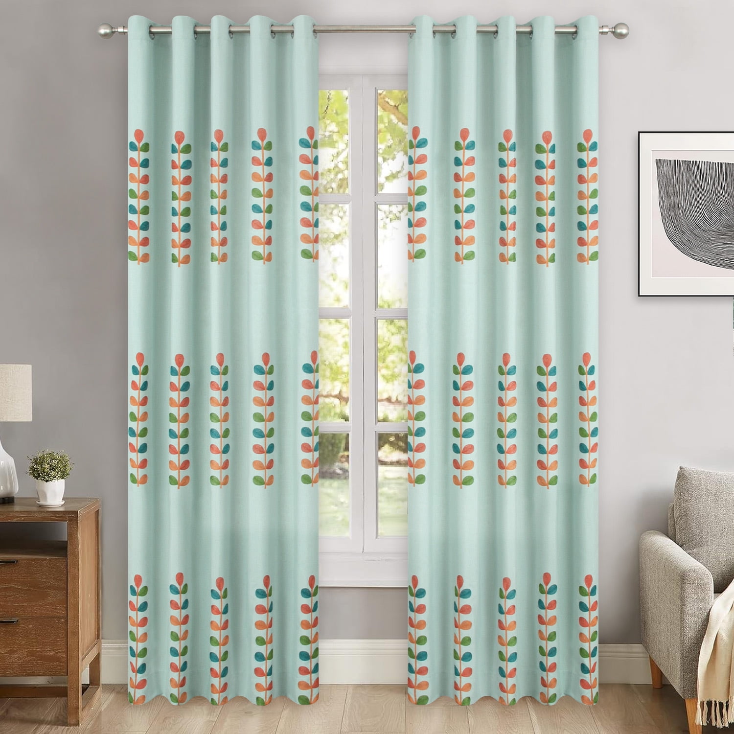 VOGOL Farmhouse Noise Reducing Curtains, Leaves Printing Thermal Insulated Window Treatment, Grommet Blackout Faux Linen Drapes for Nursery, W 52 x L 84, Blue, Pack of 2