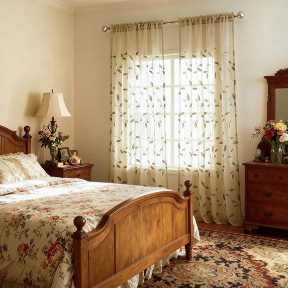 Leeva Farmhouse Sheer Curtains, Tan with Brown Leaf Embroidery, Rod Pocket Light Filtering Drapes for Cozy Room, 52x84 Inches