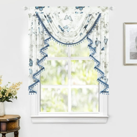 VOGOL Farmhouse Sheer Valance, Butterflies Print Waterfall Swag Curtains for Bedroom, 39x43 Inches