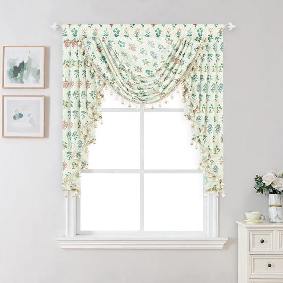 VOGOL Farmhouse Waterfall Valance 39x43 Inch - Vintage Botanical Print Sheer Voile, Beaded Tassels for Bedroom & Kitchen Windows