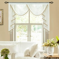 VOGOL Farmhouse Waterfall Valance - White Floral Jacquard Voile, Semi-Sheer Rod Pocket Curtain Topper with Beaded Fringe, 59x43 Inch