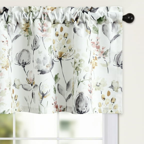 VOGOL Flower Printing Valances for Porch Bathroom, Grey Rod Pocket Linen Textured Small Curtains & Drapes Valance for Door Head, 1 Panel, 52 x 18