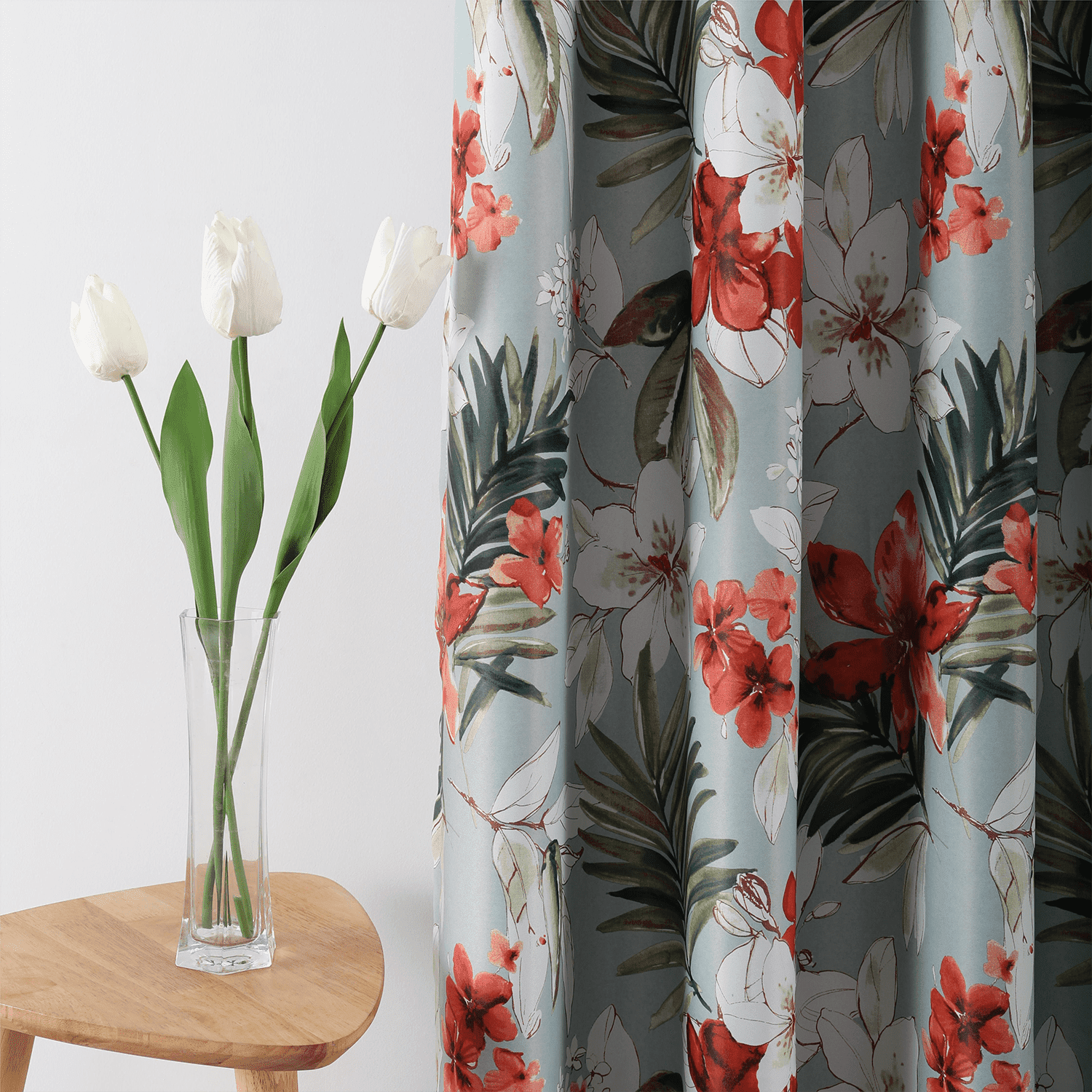 VOGOL Flowers and Leaves Print Countryside Style Spring Thermal Insulated Light Reducing Window Curtain Drapes for Dining Room Bedroom, 2 Panels, 52x63, Blue with Red