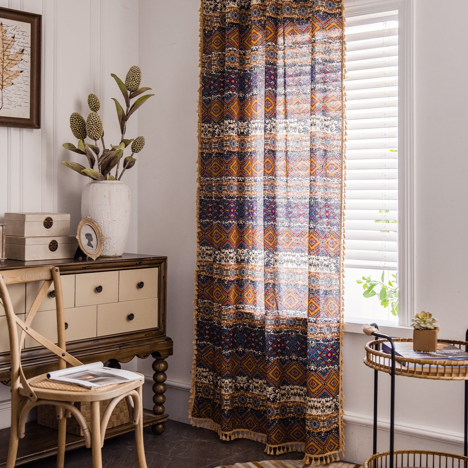 VOGOL Geo Pattern Boho Curtains, Light Filtering Faux Linen Drapes 59x63 Inches, 1 Panel for Living Room
