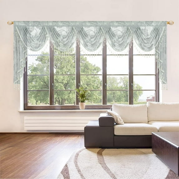 VOGOL Gray Beaded Floral Jacquard Waterfall Valance, Extra Wide Sheer Curtain, 43x138 inches, Modern Farmhouse Window Decor