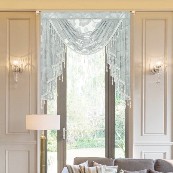 VOGOL Gray Jacquard Waterfall Valance Curtain, Beaded Tassel Floral Sheer Drapery, 43x39 inches, Modern Classic Window Decor