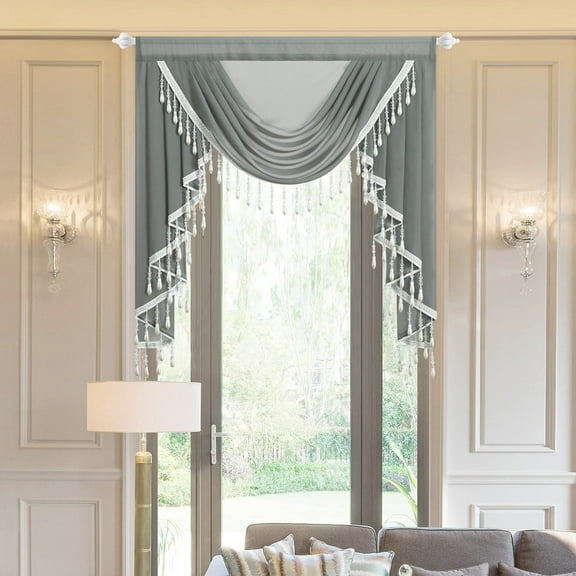VOGOL Gray Sheer Waterfall Valance, Retro Silky Textured Decorative Swag Valance for Living Room, 1 Panel Rod Pocket Window Treatments with Tassels, 39 inches Wide