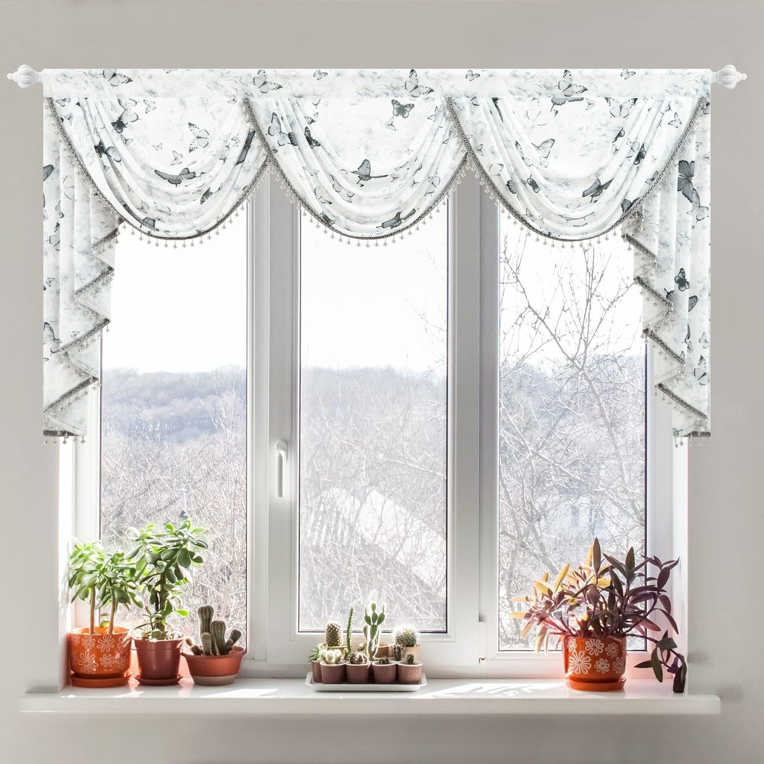 VOGOL Gray Waterfall Valance, Butterfly & Plants Print Swag Design Curtains for Living Room, 79x43 Inches
