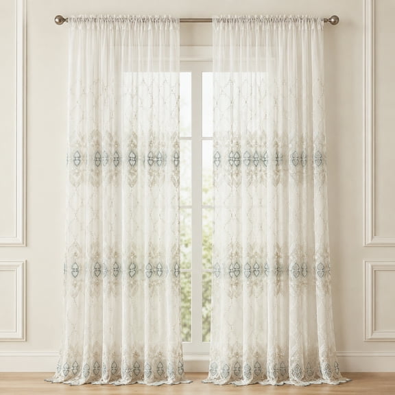 VOGOL Green Embroidered Sheer Curtains 63 Inches Long Scalloped Rod Pocket 2 Panels