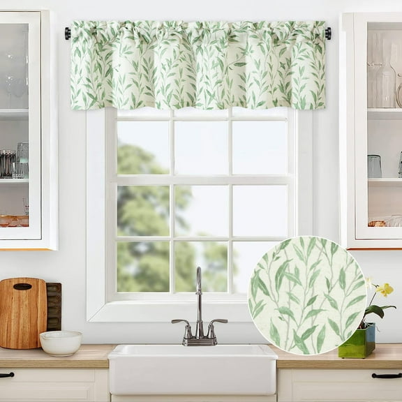 VOGOL Green Leaves Linen Valance, Rod Pocket Light Filtering Curtain 52x14 Inches for Bedroom