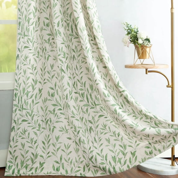 VOGOL Green Leaves Printed Farmhouse Window Treatments, Light Filtering Grommet Polyester Drapes for Bedroom, 52"x 84", One Panel