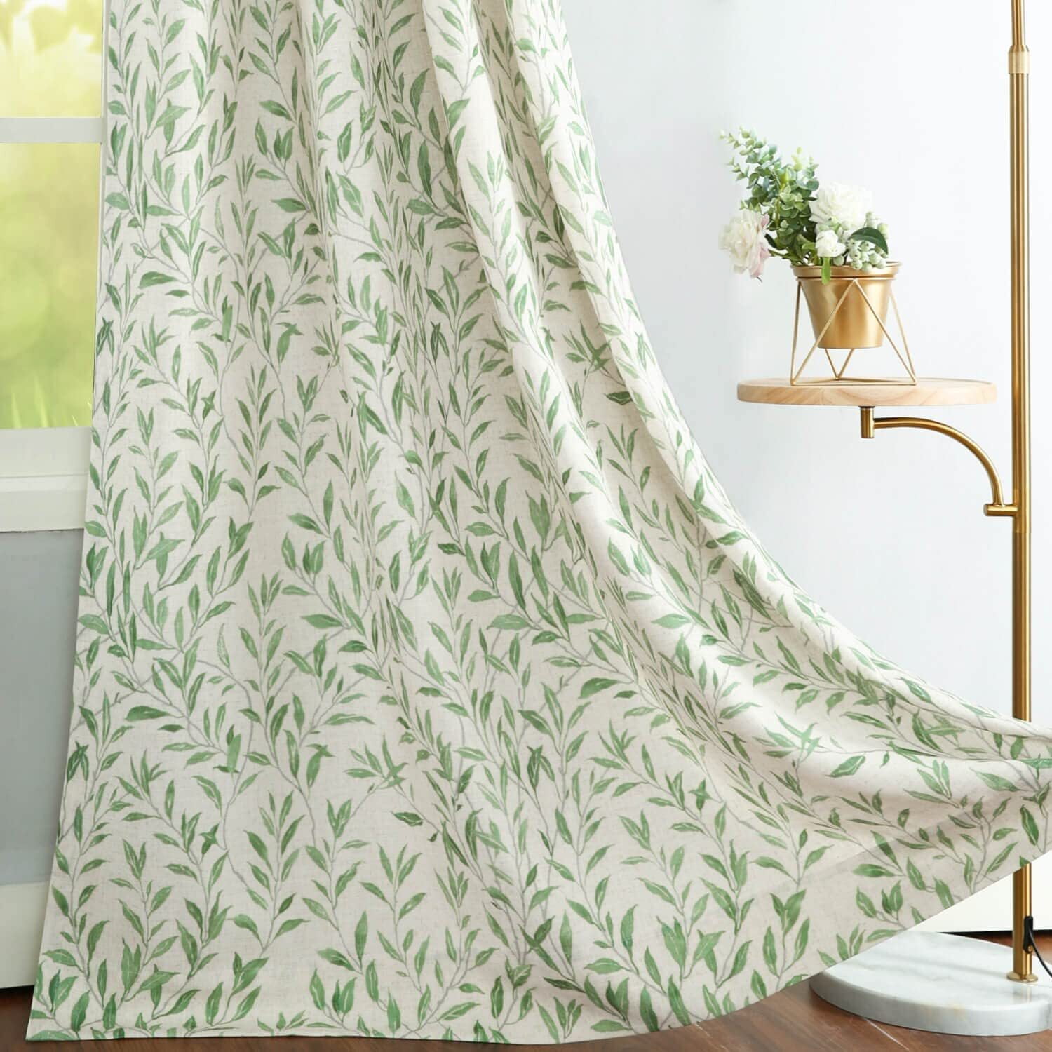 VOGOL Green Leaves Printed Farmhouse Window Treatments, Light Filtering Grommet Polyester Drapes for Bedroom, 52"x 84", One Panel