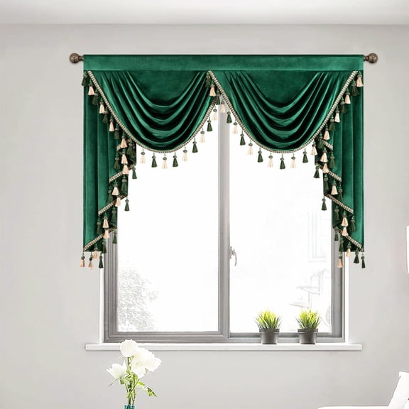 VOGOL Green Velvet Waterfall Valance - 59"W Vintage Swag with Tassels, Thick Rod Pocket Curtain for Bedroom & Living Room