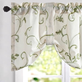 VOGOL Green Vines Embroidered Tie-up Valance, Faux Linen Tie-Up Window Treatment for Kitchen, 52''x18'', One Piece, Rod Pocket