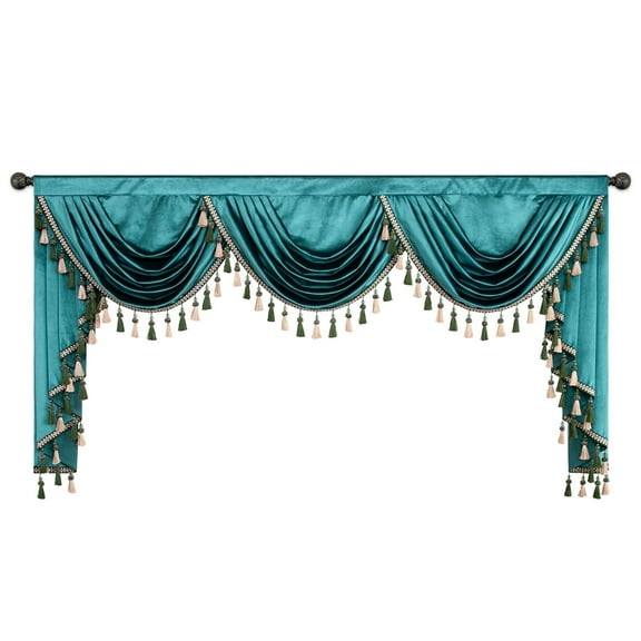 VOGOL Green Waterfall Kitchen Curtains Valance, Luxury Light Filtering Swag Valances for Living Room, 1 Panel Vintage Rod Pocket Drapes with Tassels, W79 inches