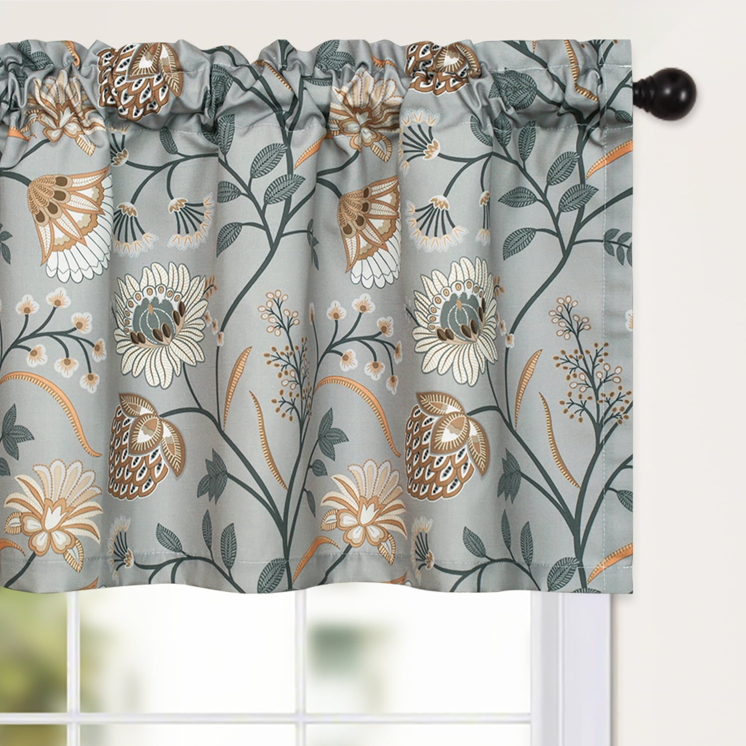 VOGOL Grey Flower Valances for Bedroom Window, Print Country Style Small Window Drapery Valance