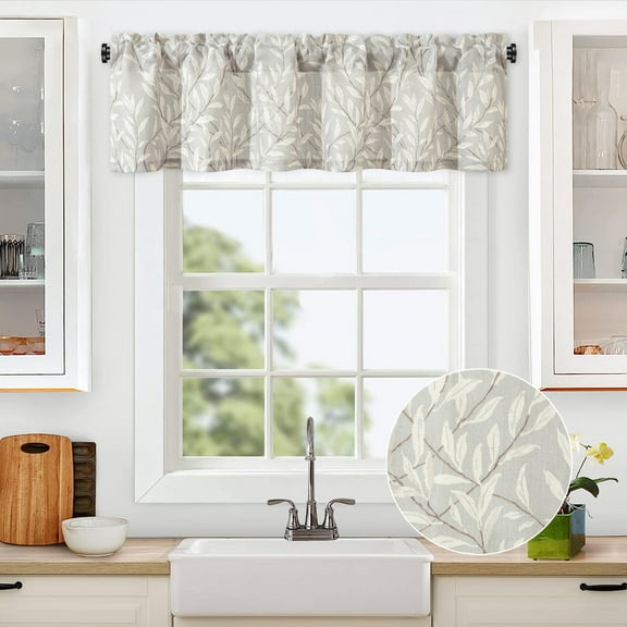 VOGOL Grey Leaves Linen Blend Valance, Rod Pocket Light Filtering Kitchen Curtain 52x14 Inches