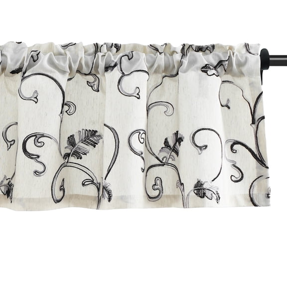 VOGOL Grey Vines Embroidered Valance, Faux Linen Rod Pocket Kitchen Curtain 52x14 Inches