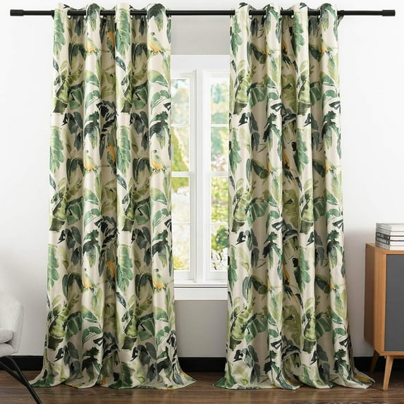 VOGOL Heavy Blackout Bedroom Drapes, Linen Look Room Darkening Window Curtains for Room Divider, 2 Panels, Green Bird & Plants, 52 x 96, Grommet