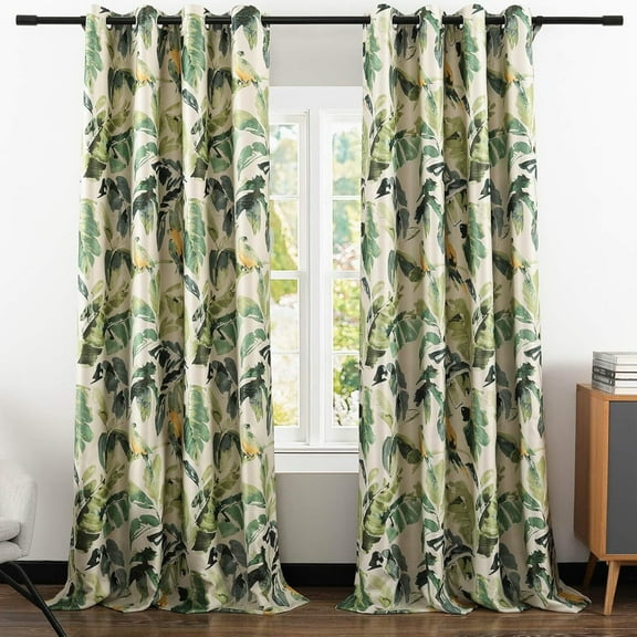 VOGOL Heavy Blackout Bedroom Drapes, Linen Look Room Darkening Window Curtains for Room Divider, 2 Panels, Green Bird & Plants, 52 x 96, Grommet