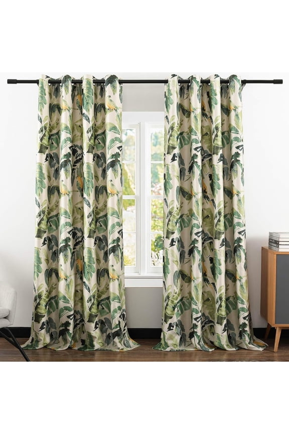 Heavy Blackout Bedroom Drapes, Linen Look Room Darkening Window Curtains for Room Divider, 2 Panels, Green Bird & Plants, 52 x 96, Grommet