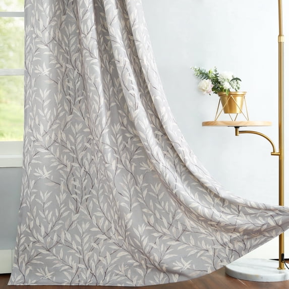 VOGOL Leaves Printed Decorative Farmhouse Window Treatments, Light Filtering Draperies for Bedroom Home Office, W52"xL96", One Panel, Grey