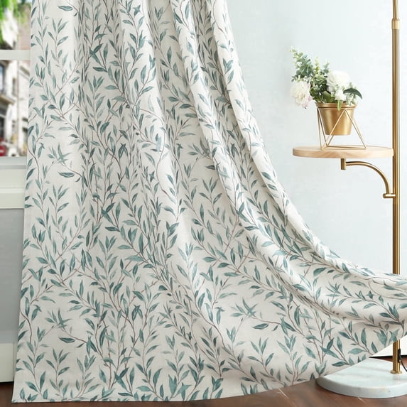 VOGOL Linen Textured Leaves Printed Window Drapes, Country Style Light Filtering Curtains for Bedroom, Grommets, W52"xL63", One Panel, Teal