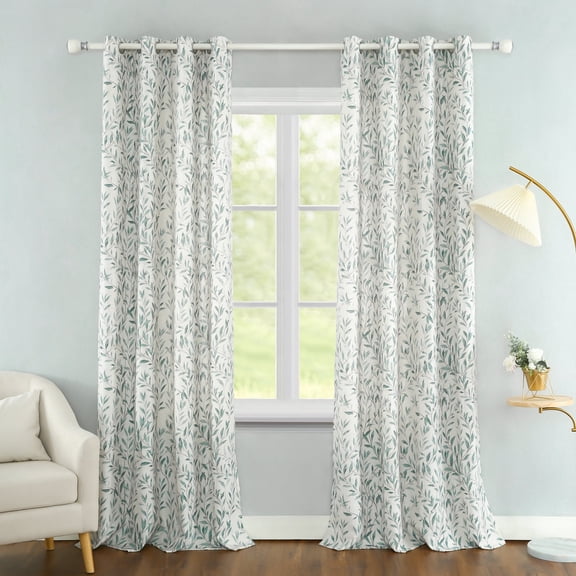 VOGOL Linen Textured Leaves Printed Window Drapes, Country Style Light Filtering Curtains for Bedroom, Grommets, W52"xL84", One Panel, Teal