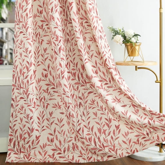 VOGOL Linen Textured Printed Window Drapes, Red Leaves Country Curtains for Bedroom Living Room, Grommets, W52"xL63", One Panel
