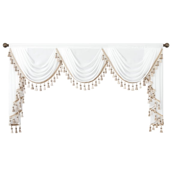 VOGOL Luxury Light Filtering Waterfall Valance, 79 inches Wide Vintage Style Decorative Sheer Voile Swag Valances for Bedroom Bathroom Nursery, Top Rod Pocket, 1 Panel, White
