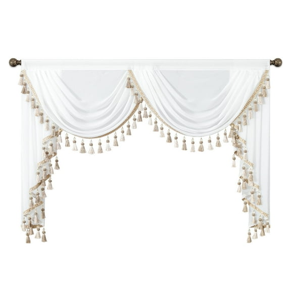 VOGOL Luxury Vintage Style Waterfall Valance, 1 Panel Soft Touch Silky Curtain with 2 Swags, 59 inches Wide View Reducing Decorative Window Gauze for Farmhouse, White