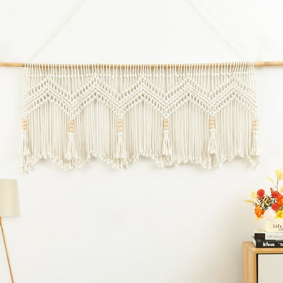 VOGOL Macrame Kitchen Window Valance with Beads, Handmade Cotton Woven Curtain for Wall Window Décor, 52" x 21"