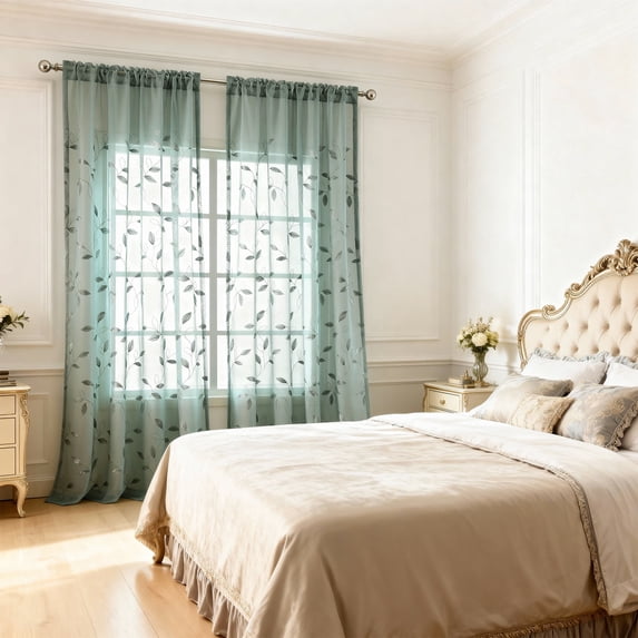 Leeva Modern Botanical Sheer Curtains, Mist Green with Dark Green Leaves, Light Filtering Rod Pocket Panel for Serene Space, 52x63 Inches