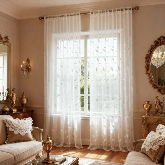 VOGOL Modern Sheer Curtains with Subtle Embroidery, White Textured Leaf Design, Light Diffusing Rod Pocket Drapes, 52x84 Inches