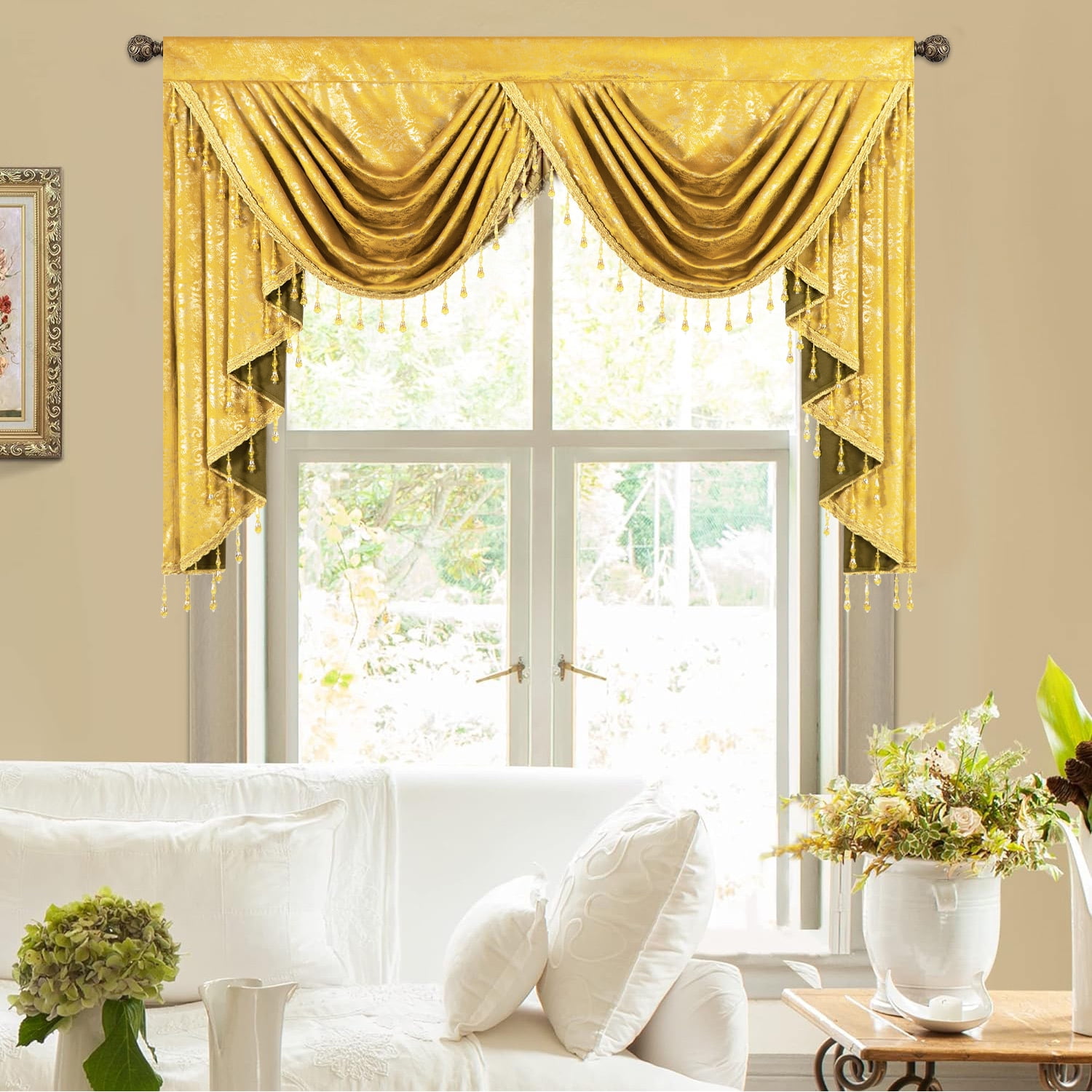 VOGOL Modern Waterfall Swag Valance for Bedroom, Bright Yellow Textured Stripe Printing Velvet Curtain with Beaded Tassels, Vintage Rod Pocket Design, 43x59 Inches, 1 Piece