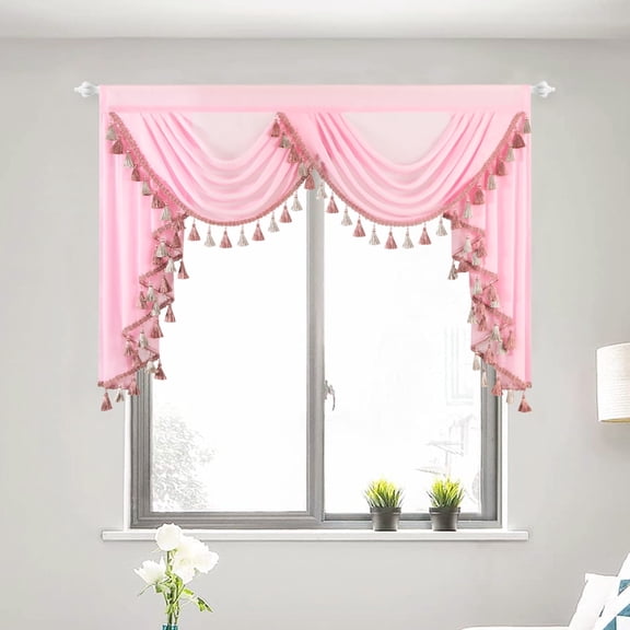 VOGOL Pink Light Filtering Valance - 59"x43" Waterfall Swag with Beaded Fringe, Voile Curtain for Home Decor