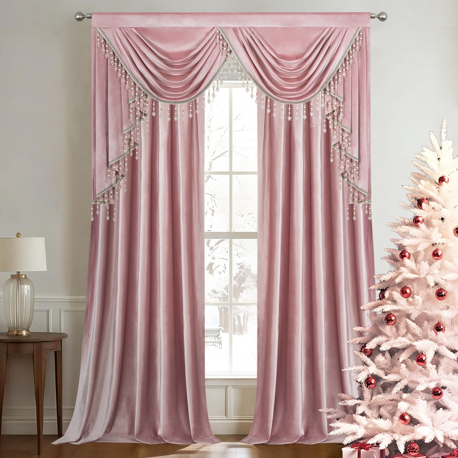VOGOL Pink Velvet Waterfall Valance & Blackout Curtains, Thermal Insulated Rod Pocket Drapes 52x84 Inches, 3 Panels for Living Dining Room