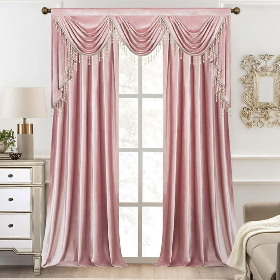 VOGOL Pink Velvet Waterfall Valance Curtains Set, Blackout Rod Pocket Drapes 60x106 Inches for Living Room & Nursery
