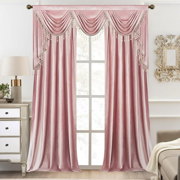 VOGOL Pink Velvet Waterfall Valance Curtains Set, Rod Pocket Light Filtering Drapes 60x84 Inches for Bedroom & Living Room