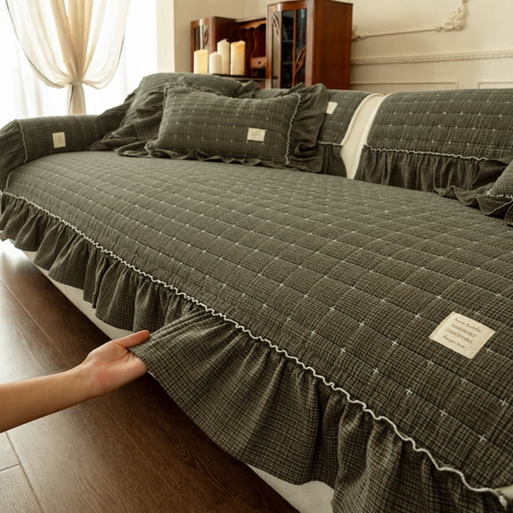 VOGOL Plaid Cotton Couch Cover with Ruffle, Boho Couch Covers for Sofa, Washbale, Dark Grey, 28 x 71 in