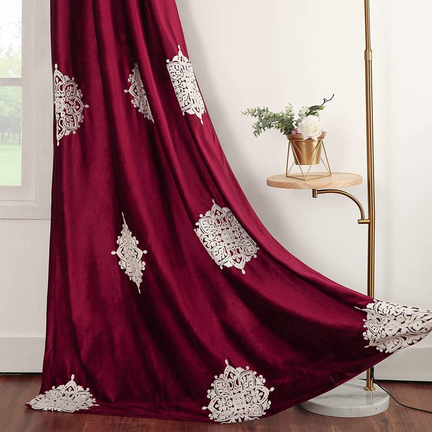 VOGOL Red Embroidered 80% Blackout Curtains for Living Room, Luxury Velvet Curtain Window Panels for Bedroom, 1 Set, W52"xL63"