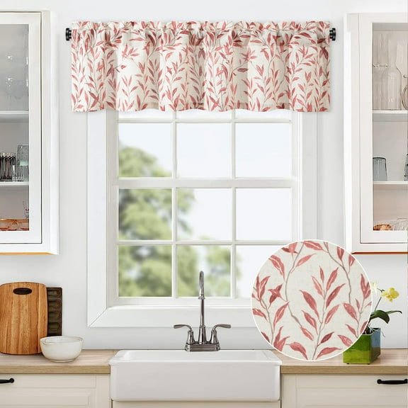 VOGOL Red Leaves Farmhouse Valance, Faux Linen Light Filtering Rod Pocket Curtain 52x14 Inches for Kitchen