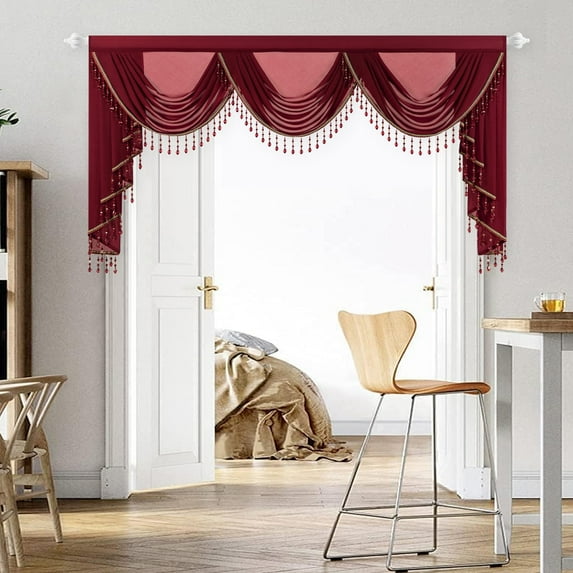 VOGOL Retro Burgundy Waterfall Valance Curtains, 79 inches Wide Vintage Light Filtering Sheer Valances for Wedding Cafe Home Decor, 1 Panel Soft Touch Silky Drape with Tassels