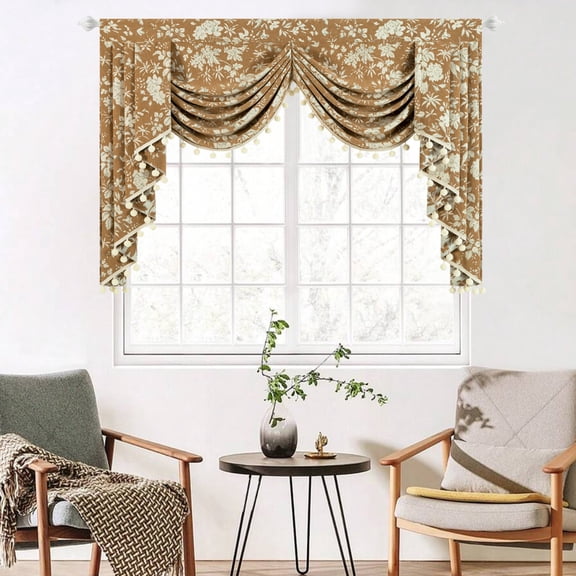 VOGOL Retro Floral Chenille Valances for Windows, Brown Drapery Topper with Pom Pom, 43" x 59"