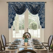 VOGOL Royal Blue Velvet Waterfall Valance for Living Room, Luxurious European Textured Printing Swag Curtain with Tassels, Soft Rod Pocket Design, 43x59 Inches