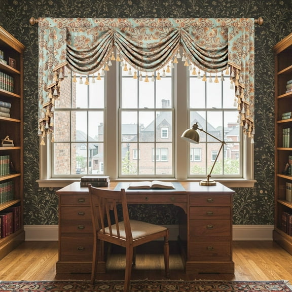 VOGOL Royal Damask Valance, Sky Blue Swag Curtains with Rope Tassels 79x43 Inches for Living Room