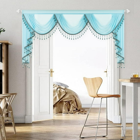 VOGOL Sheer Blue Bedroom Window Valance, 79 inches Wide Luxury Soft Silky Waterfall Valances with Tassels for Hotel Wedding Party Decor, 1 Panel Sheer Drapery for Dining Room